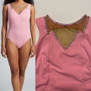 Five 5 Dance costume solo pink mesh leotard custom rhinestoned SA-Small adult